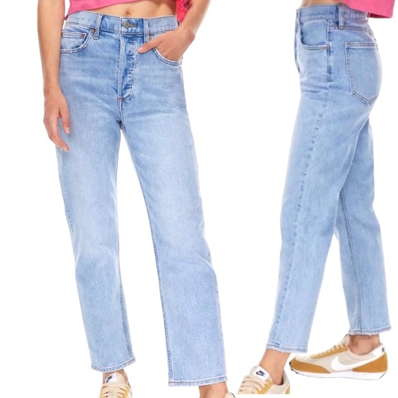 Aritzia Denim - Aritzia Denim Forum Arlo High Rise Straight 28L Jeans Med Wash Button Fly Sz 27